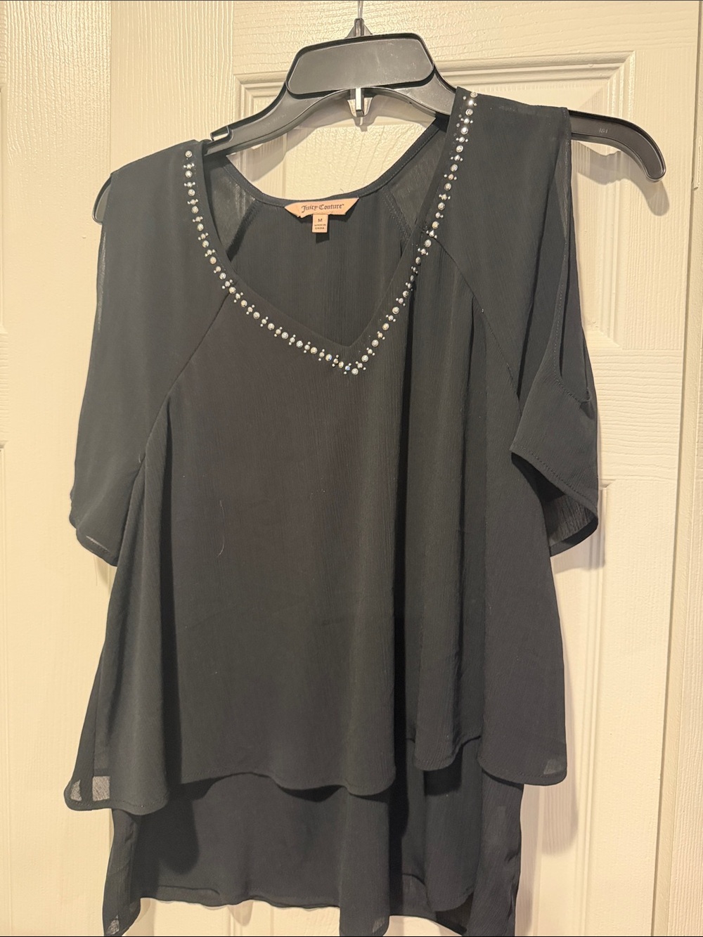 Juicy Couture Black V-Neck Cold-Shoulder Top with Rhinestone Trim